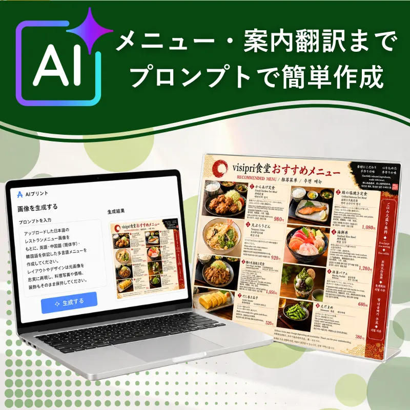既存の日本語メニューや案内表示を多言語化するAIプリントの活用イメージ