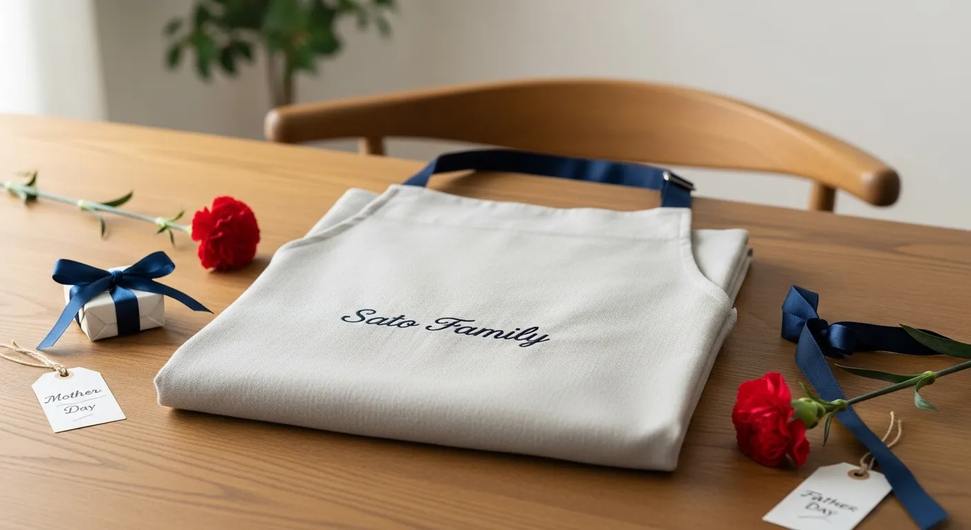 カーネーションと畳まれたエプロン