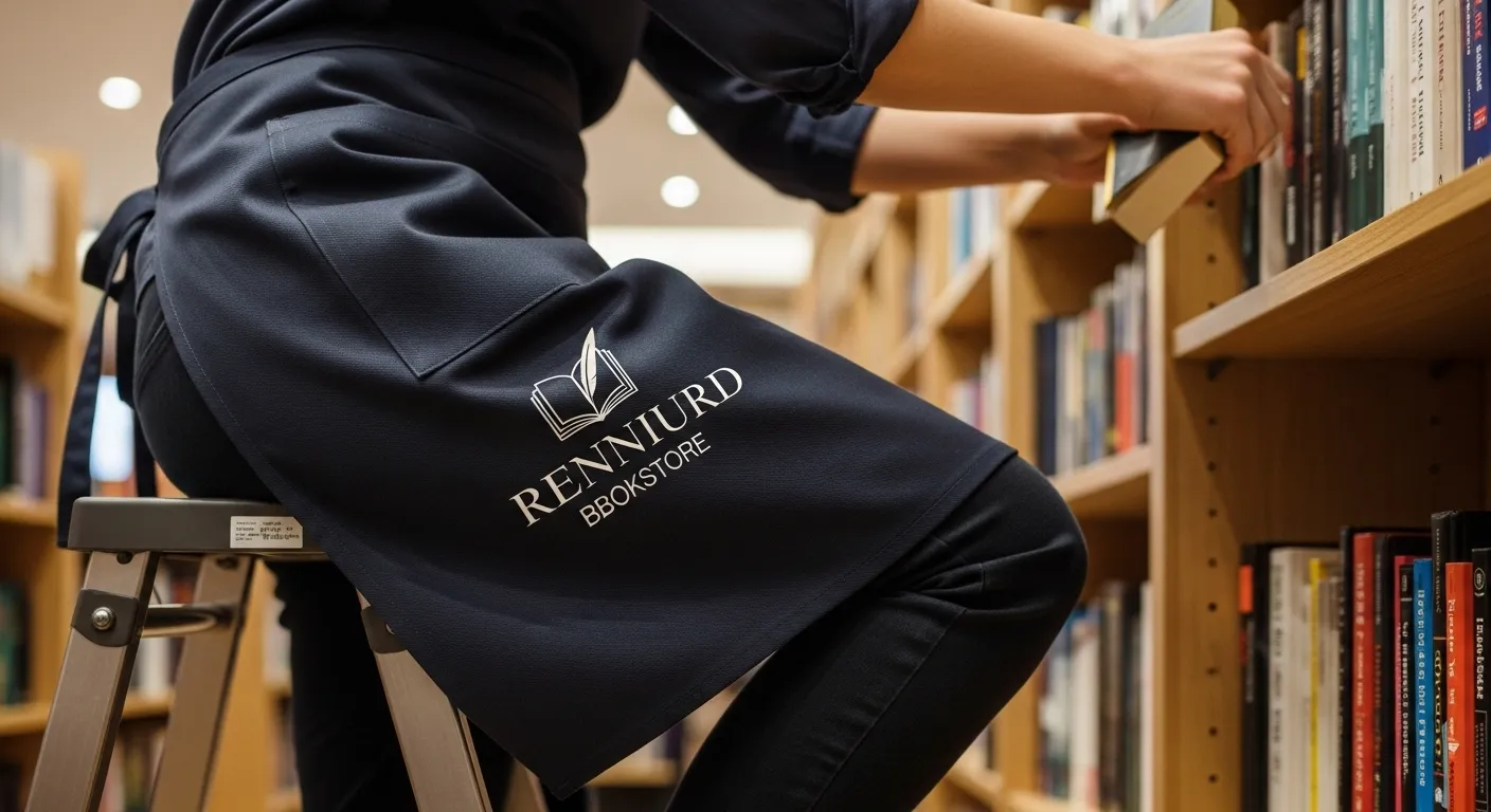 脚立に乗る書店スタッフとエプロン