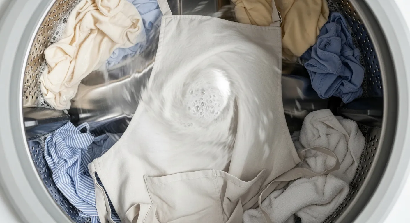 洗濯機で洗われるエプロン