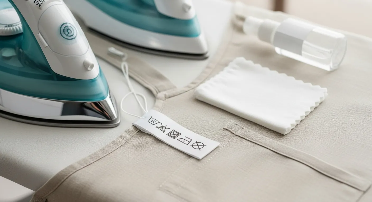 エプロンの洗濯表示タグとアイロン道具