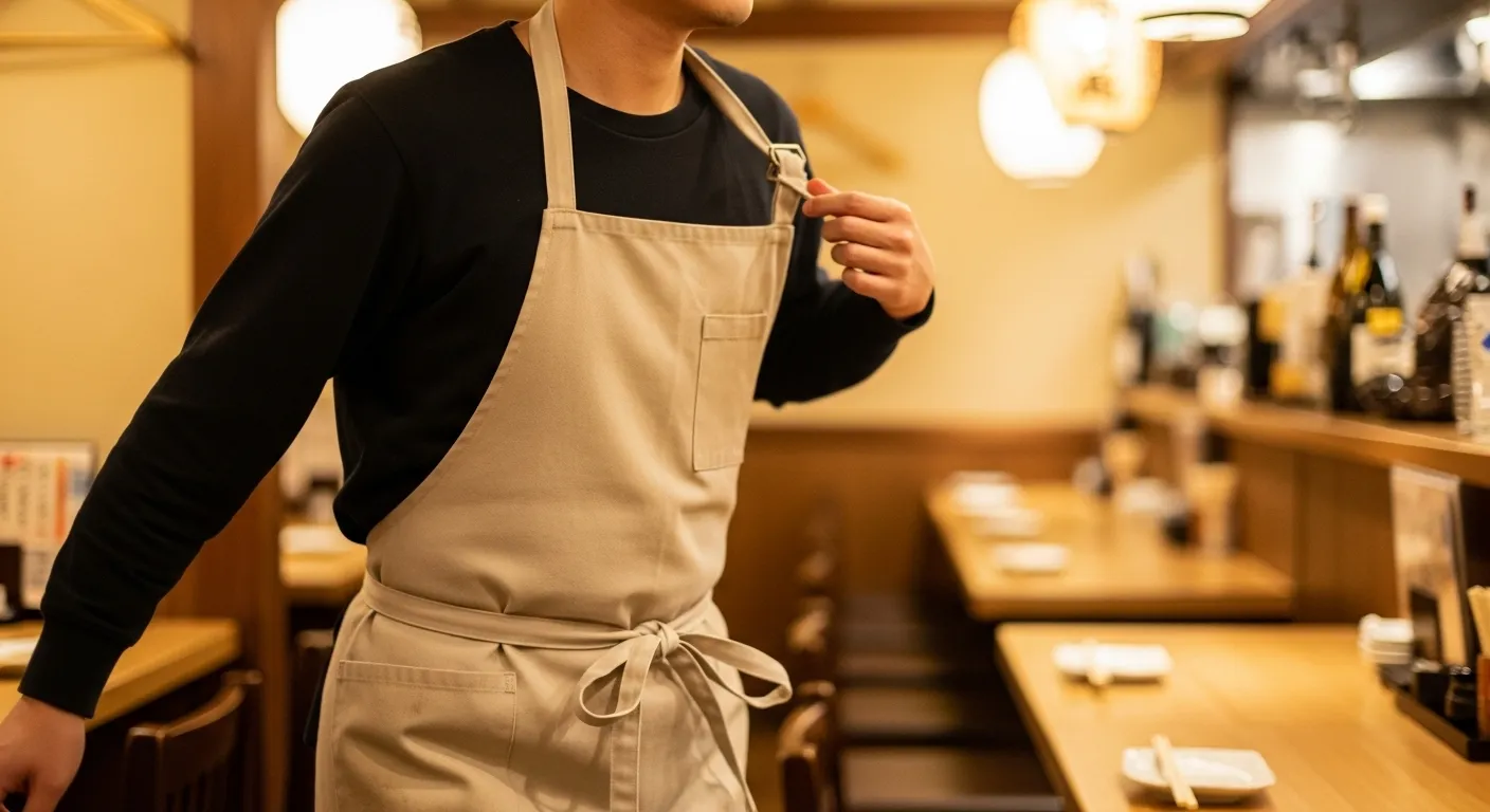 エプロンを着て急いでホールに出るスタッフ