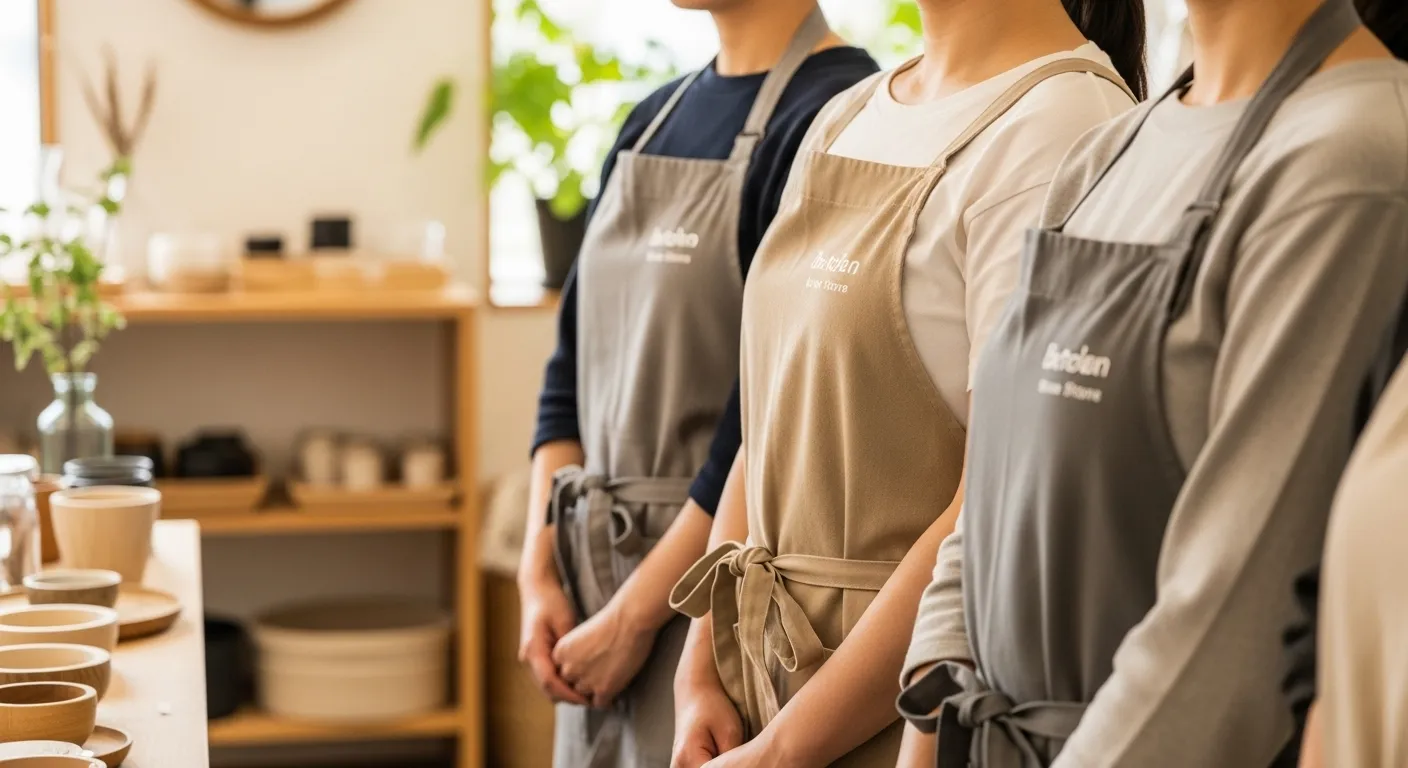 統一されたデザインのエプロンを着た女性