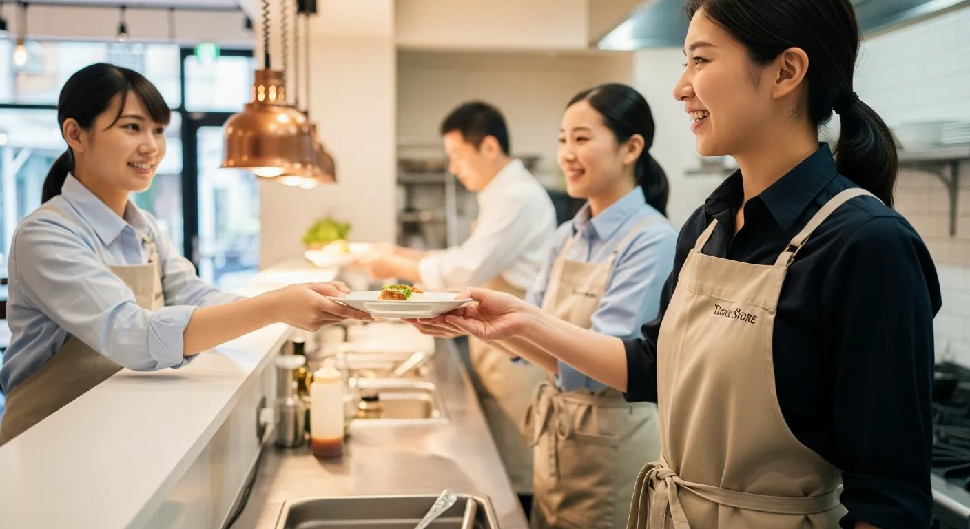 連携を取るエプロンを着た厨房とホールのスタッフ