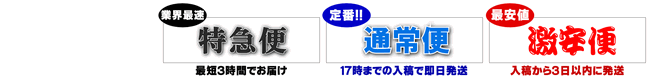 特急便は最短3時間でお届け、通常便は当日発送、激安便は業界最安値