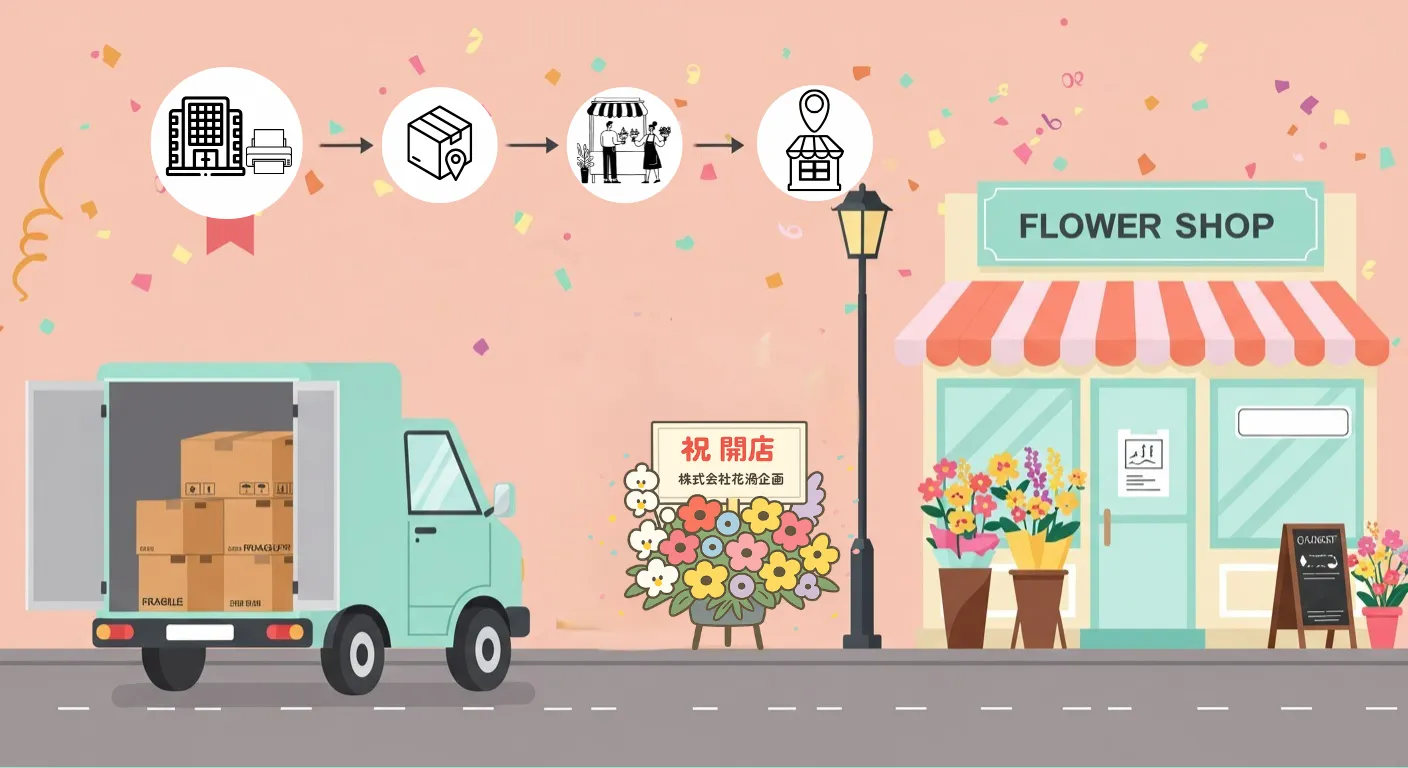 花屋に止まるトラックとフラワースタンド