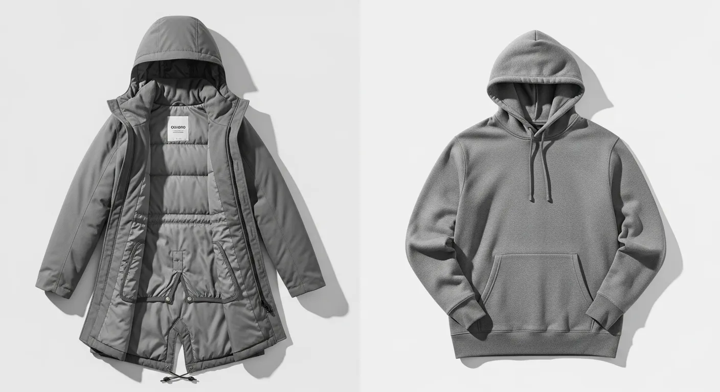 フード付きのスウェットとアウター