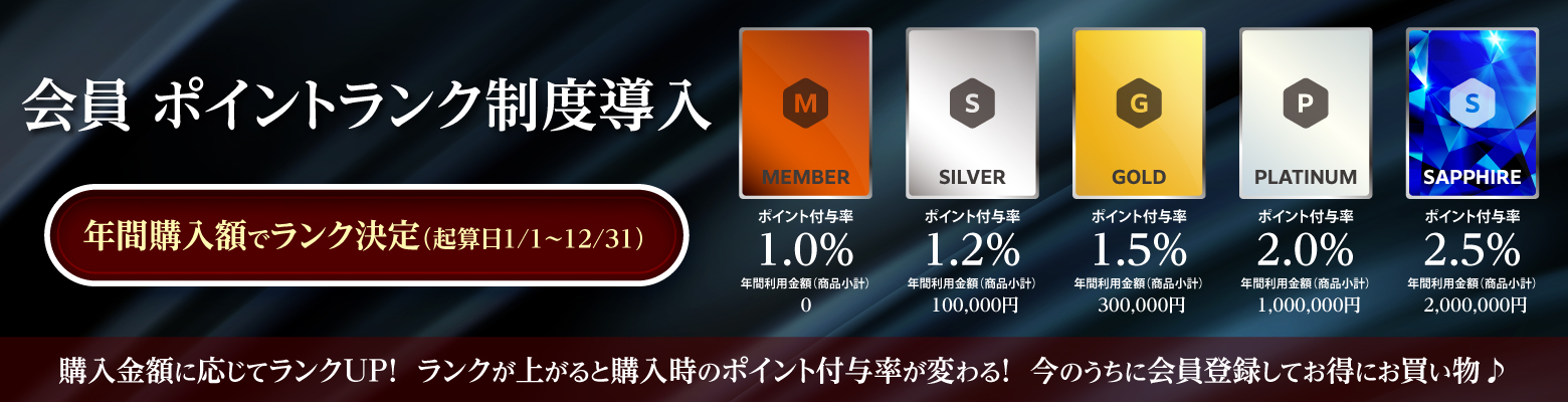 年間購入金額（商品小計・税抜）の累計に応じてランクが上がり、ポイント付与率がアップします