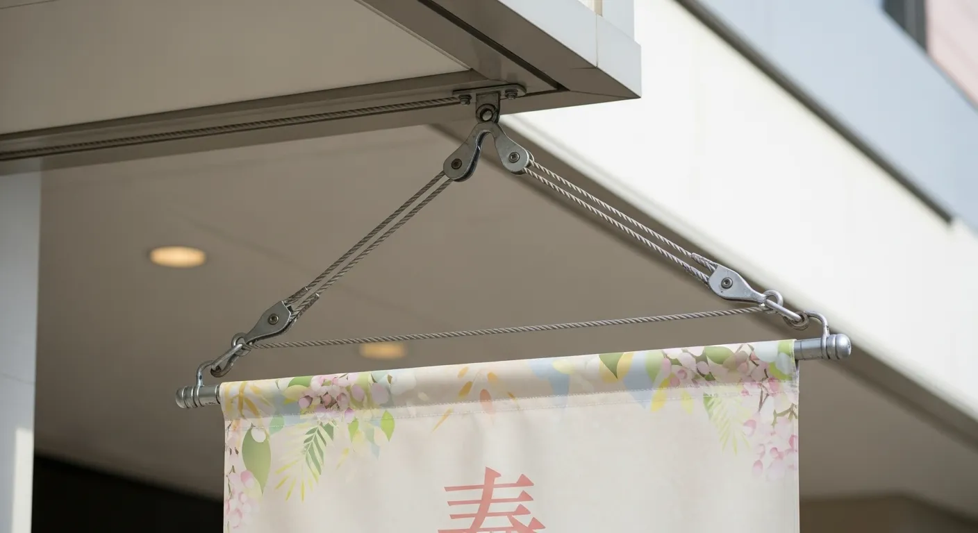 ワイヤー固定の懸垂幕