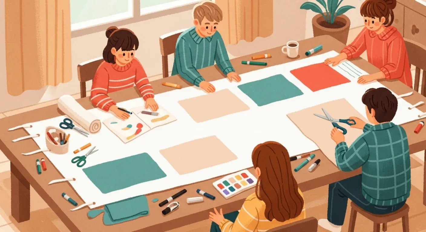 複数人で応援幕を自作するイラスト