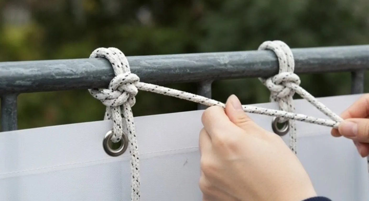 複数のハトメを使用して固定される応援幕