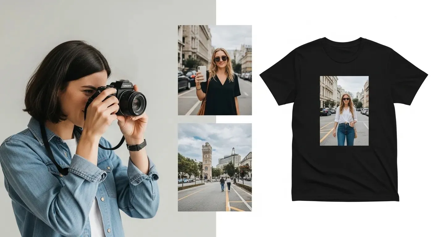 カメラで写真を撮る女性と数枚の写真