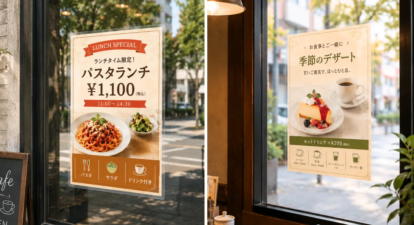 飲食店の窓に貼られた両面パウチポスター