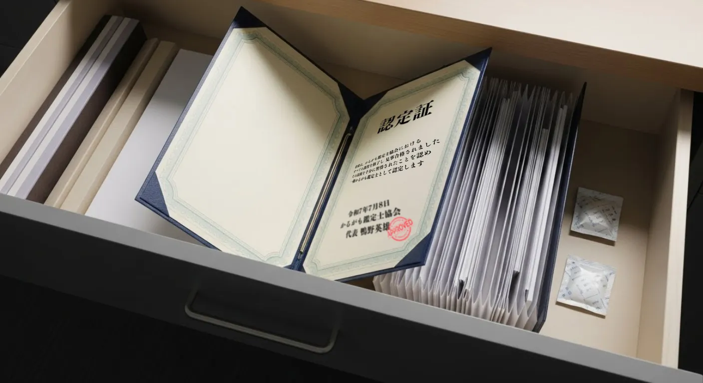 ホルダーに入れて保管される認定証