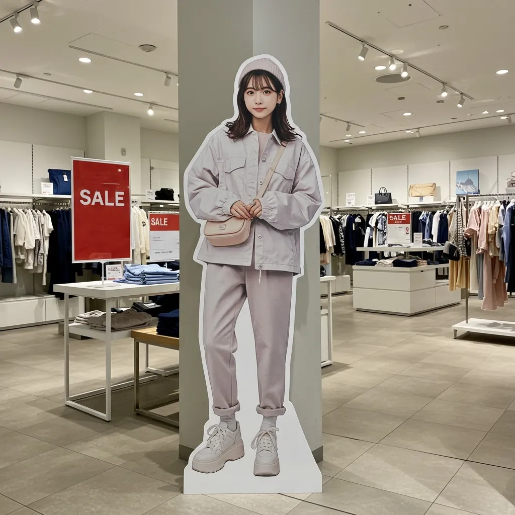 アパレル店の動線上に設置された等身大パネルの写真