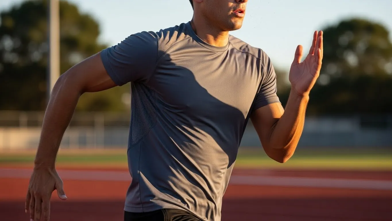 スポーツTシャツを着てトラックを走る男性