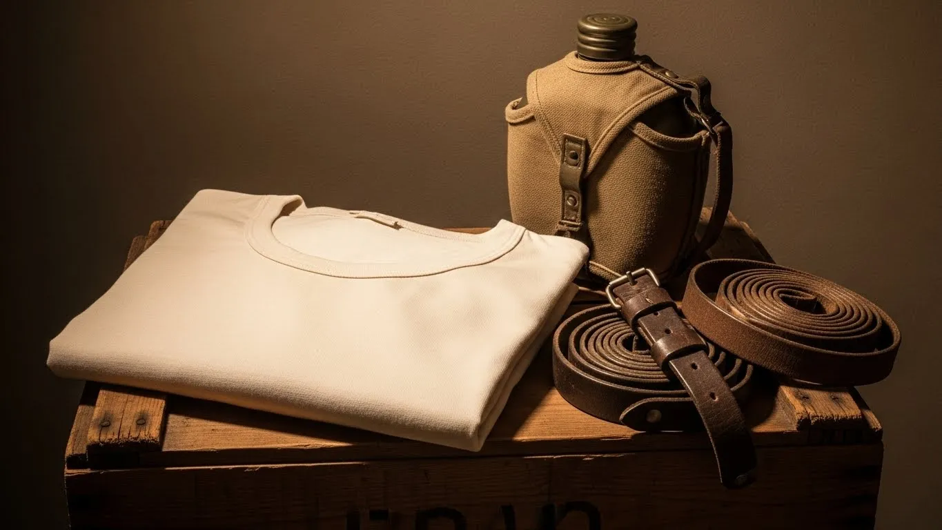 弾薬箱の上のTシャツと水筒